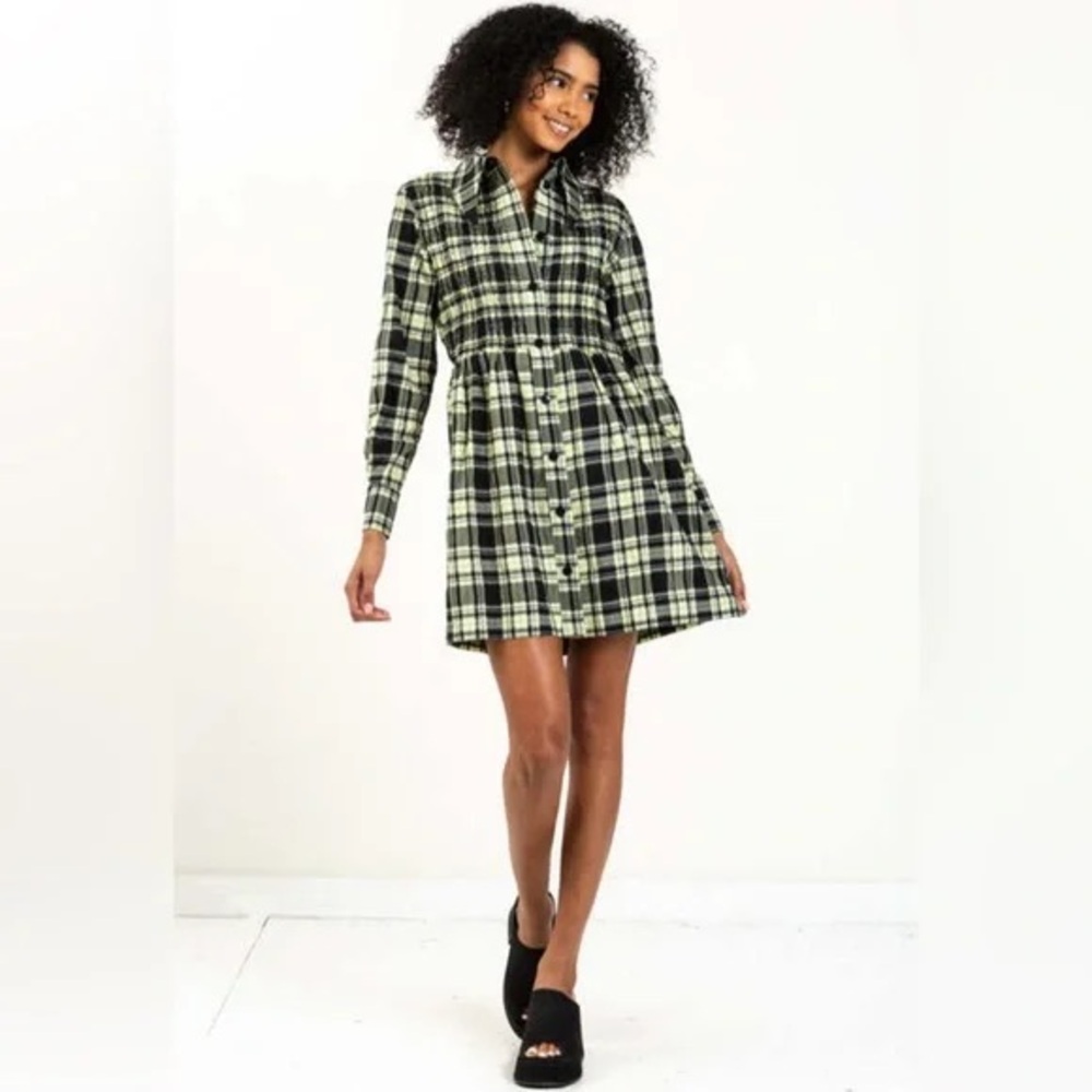 Ganni Yellow, Black, Light Blue Plaid Seersucker Mini Dress Size 34